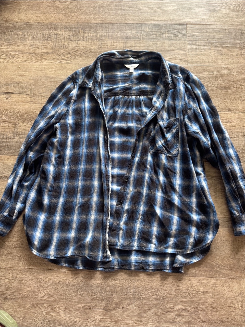 Time and Tru Blue and Black Plaid Button-Down Shirt